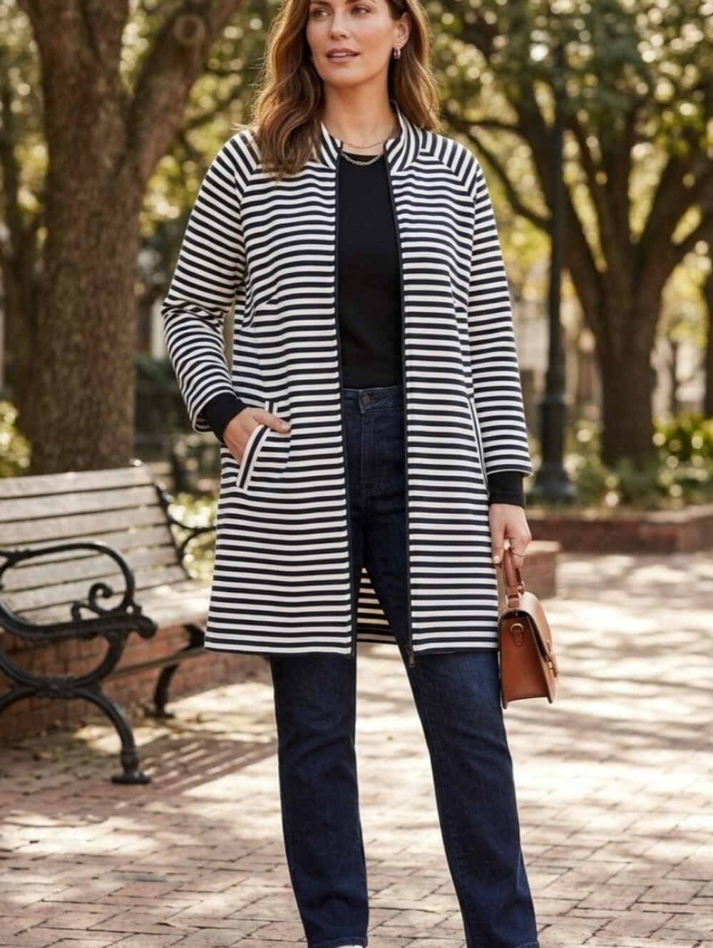 CAbi Byline Coat Black and White Striped Zip-Front Jacket
